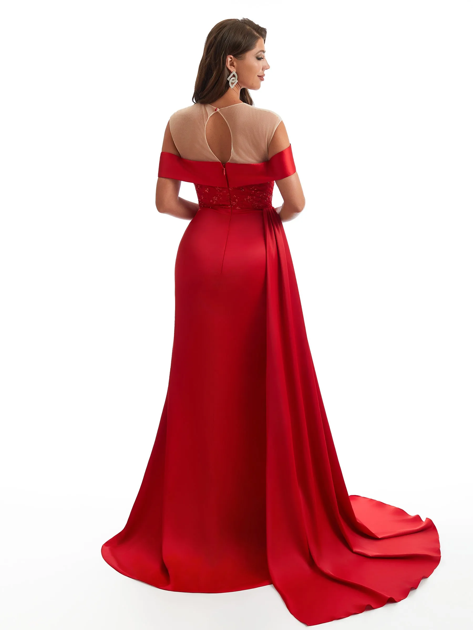 Sexy Off The Shoulder Illusion Side Slit Mermaid Satin Ruched Unique Long Bridesmaid Dresses sold by ChicSew product image thumbnail 3