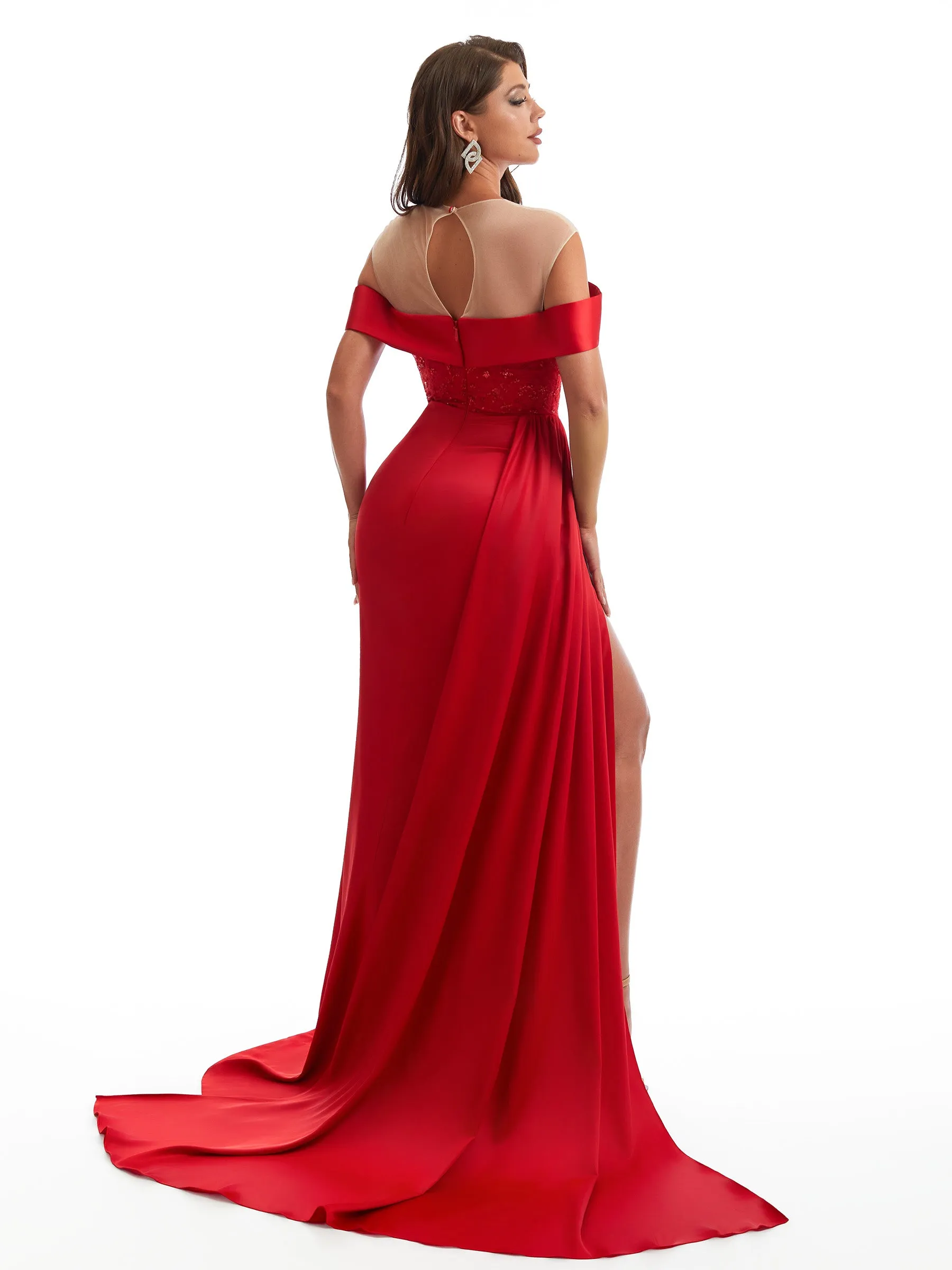 Sexy Off The Shoulder Illusion Side Slit Mermaid Satin Ruched Unique Long Bridesmaid Dresses sold by ChicSew product image thumbnail 5
