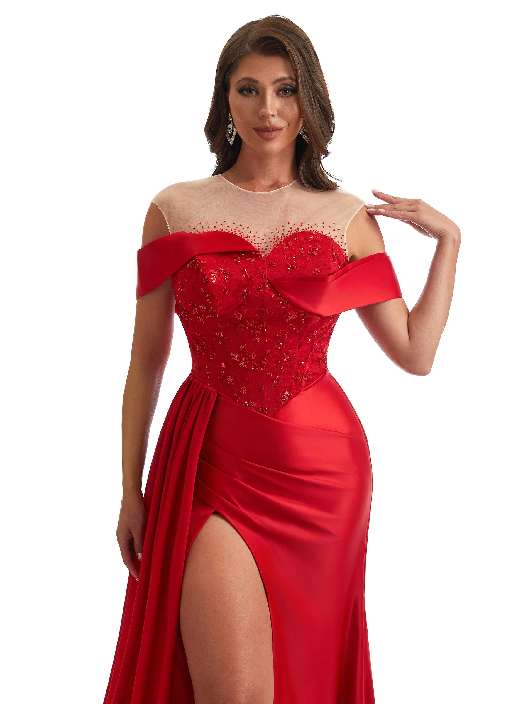 Sexy Off The Shoulder Illusion Side Slit Mermaid Satin Ruched Unique Long Bridesmaid Dresses sold by ChicSew product image thumbnail 2