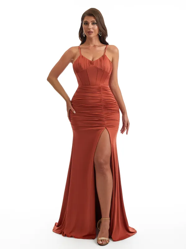 Sexy Spaghetti Straps Side Slit Mermaid Ruched Satin Long Bridesmaid Dresses sold by ChicSew