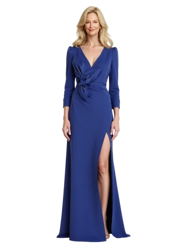 Elegant V-Neck 3/4 Sleeves Satin Side Slit Long Mother of The Bride Formal Dresses sold by ChicSew