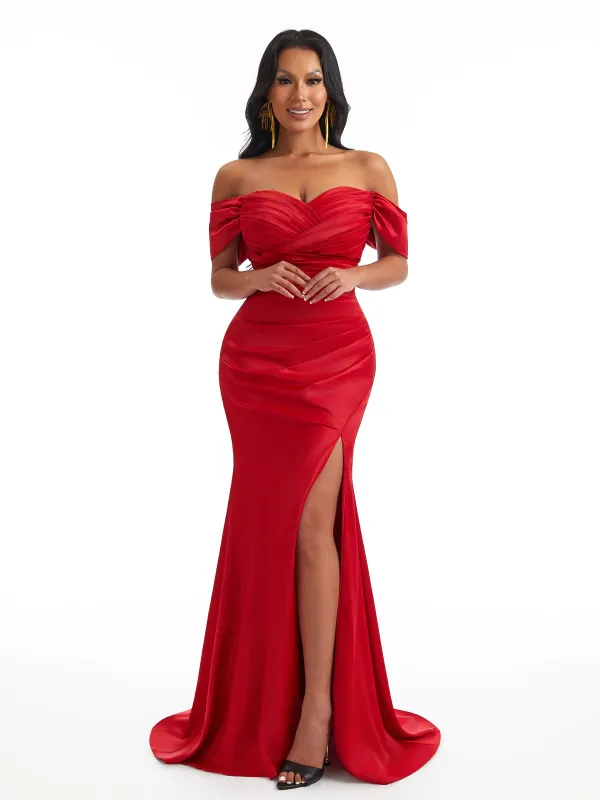 Sexy Mermaid Off The Shoulder Side Slit Ruched Satin Long Wedding Party Dresses Online sold by ChicSew