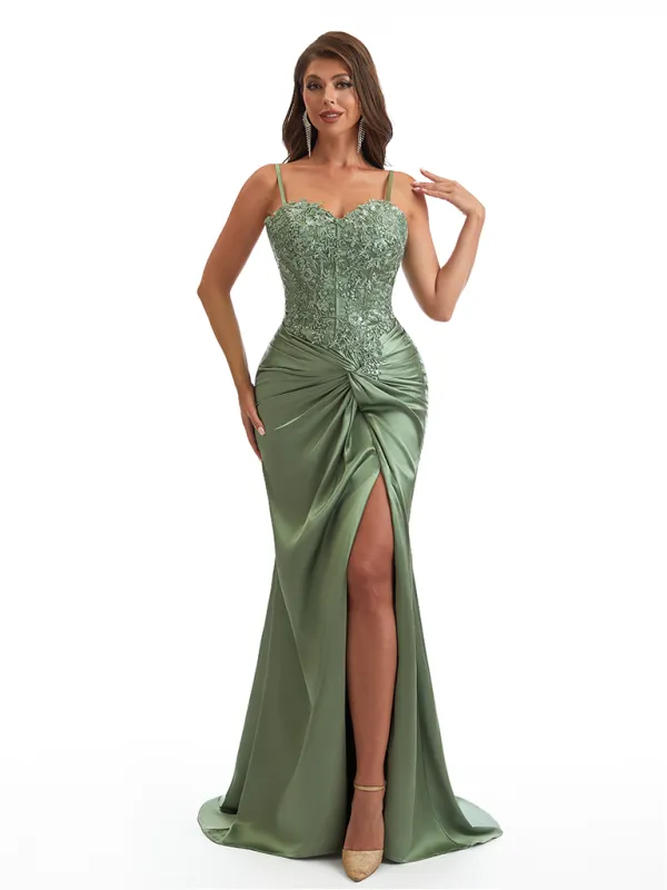 Elegant Spaghetti Straps Lace Top Mermaid Soft Satin Side Slit Long Bridesmaid Dresses Online sold by ChicSew