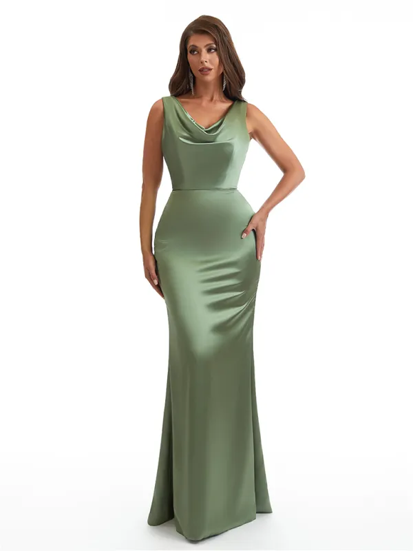 Elegant Cowl Neck Mermaid Soft Satin Long Wedding Party Bridesmaid Dresses Online sold by ChicSew