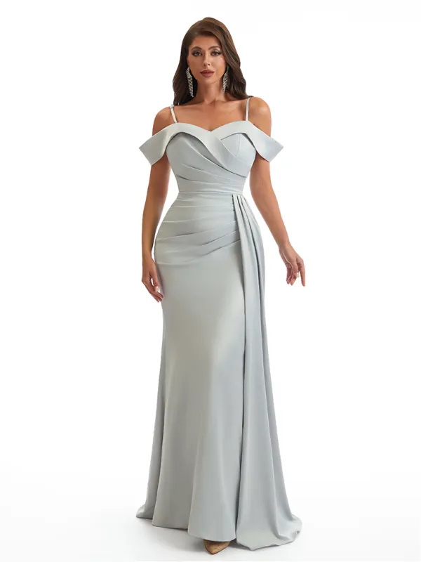 Sexy Cold Shoulder Side Slit Mermaid Soft Satin Long Bridesmaid Dresses Online sold by ChicSew