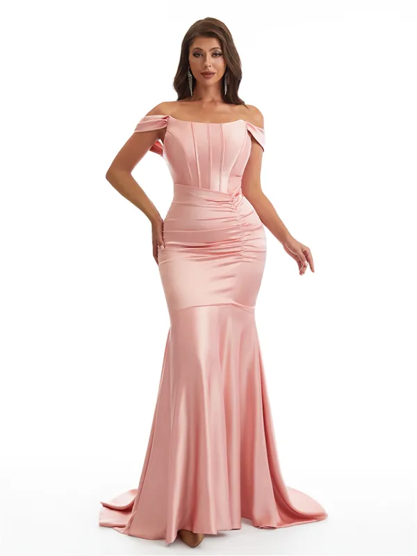Sexy Off The Shoulder Ruched Mermaid Soft Satin Long Formal Dresses Online sold by ChicSew