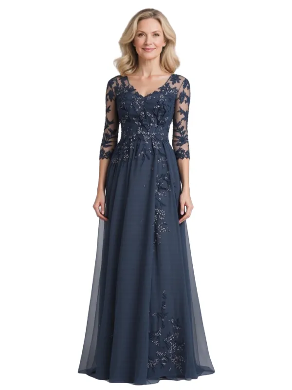Elegant Chiffon V-Neck 3/4 Sleeves A-Line Floor Length Mother Of The Bride Dresses sold by ChicSew