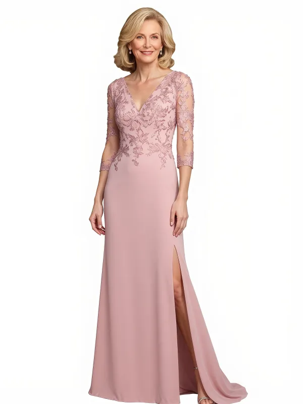 Modern V-Neck 3/4 Sleeves Chiffon Lace Mermaid Maxi Mother Of The Bride and Groom Dresses sold by ChicSew