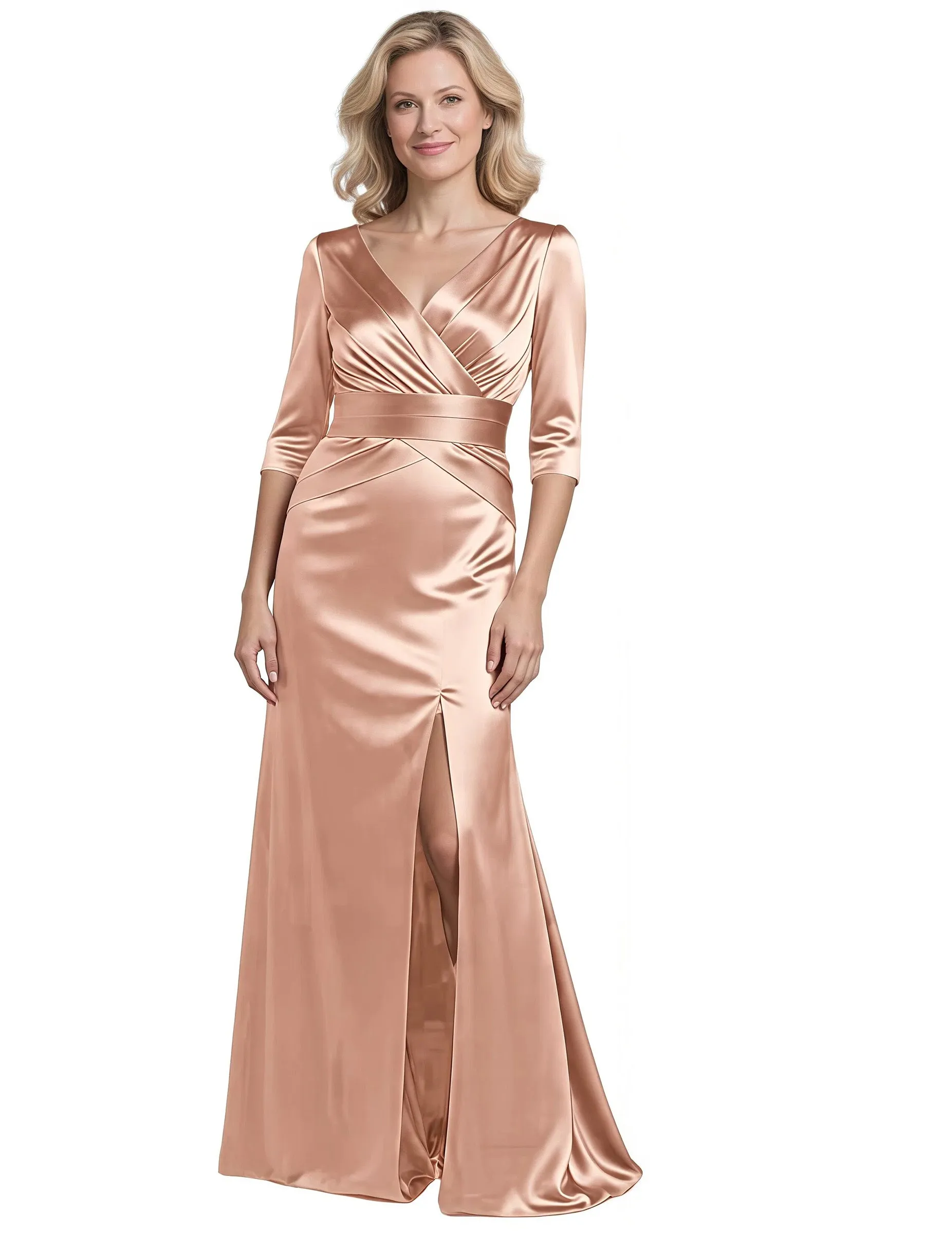 Elegant V-Neck Half Sleeves Satin Side Slit Mermaid Long Mother of The Bride Formal Dresses sold by ChicSew