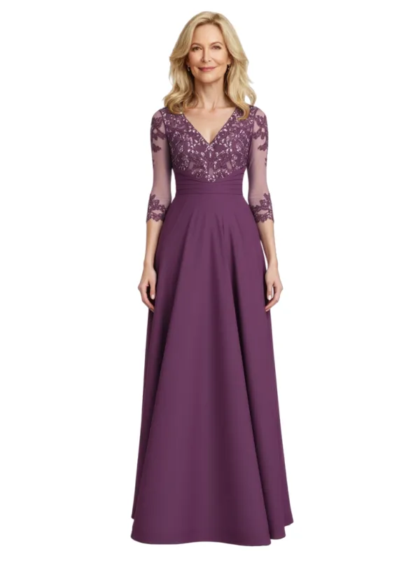 Elegant V-Neck Lace Chiffon Short Sleeves A-Line Floor Length Mother Of The Bride Gowns sold by ChicSew