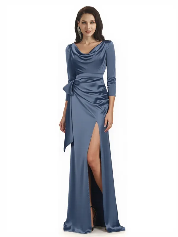 Elegant Cowl Neck Mermaid 3/4 Sleeves Satin Long Mother of The Bride Formal Gowns sold by ChicSew