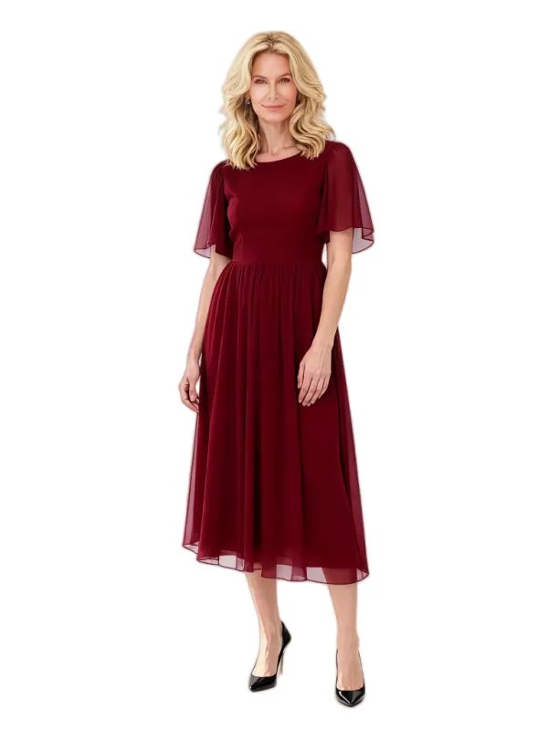 Elegant Short Sleeves Jewel Chiffon A-Line Midi Length Mother Of The Bride Dresses sold by ChicSew