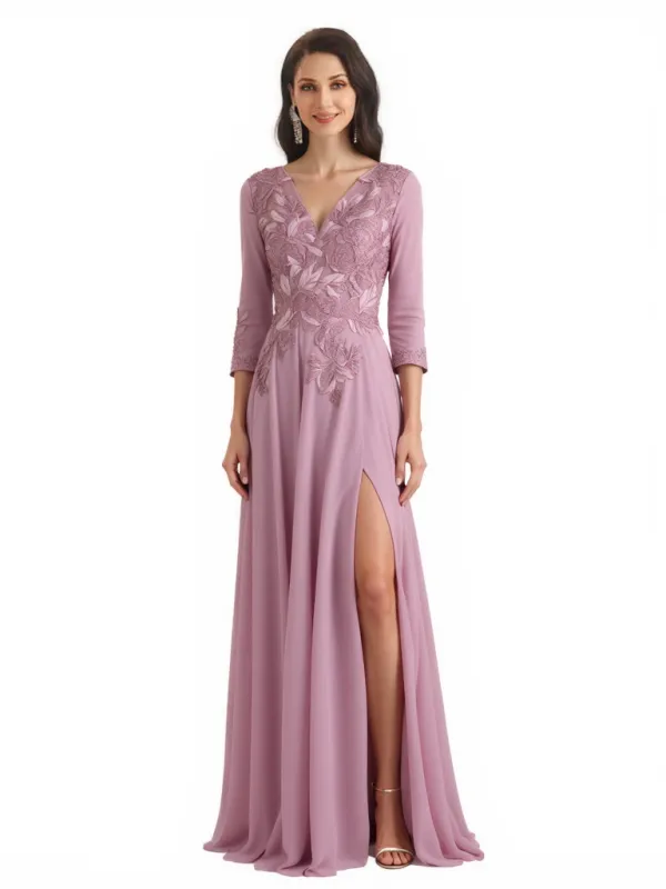 Elegant V-Neck Side Slit Applique 3/4 Sleeves A-Line Chiffon Mother Of The Bride Dresses sold by ChicSew