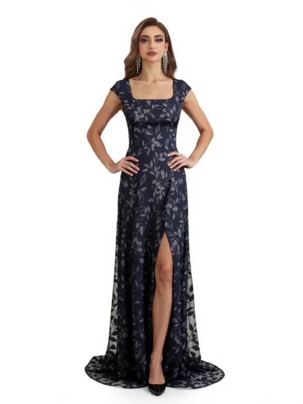 Elegant Lace Square Neck Side Slit Long Mother of The Bride and Groom Dresses For Wedding sold by ChicSew