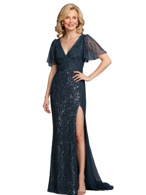 Elegant Chiffon V-Neck Short Sleeves Side Slit Mermaid Long Mother Of The Bride Dresses sold by ChicSew