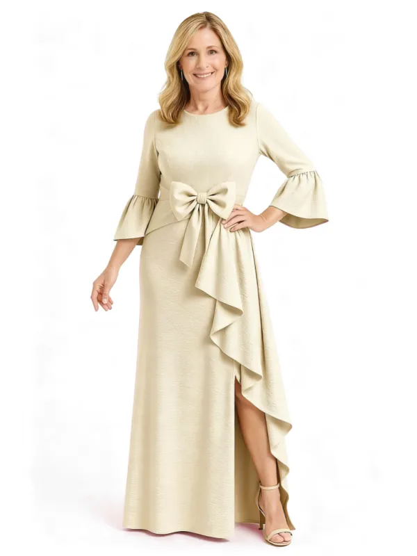Elegant Side Slit Jewel Ruffle A-Line Crepe Long Mother Of The Groom Dress For Wedding sold by ChicSew