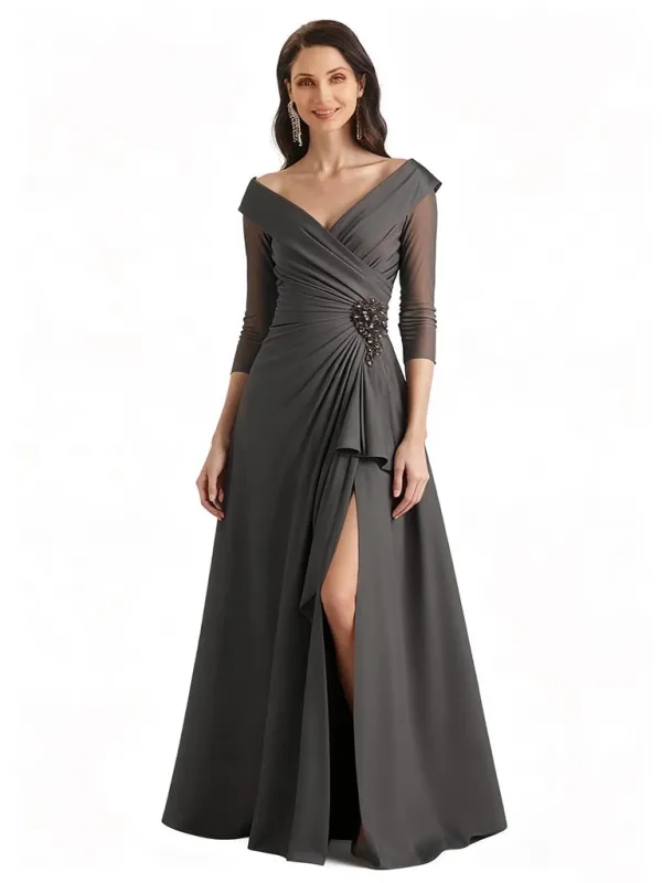 Elegant Chiffon A-Line V-Neck 3/4 Sleeves Floor Length Bridal Mother Of The Bride Dresses sold by ChicSew