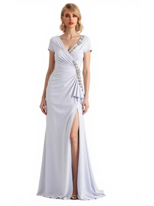 Elegant Short Sleeves Mermaid Crepe Long Mum Dress For Wedding Side Slit With Rhinestone made by ChicSew