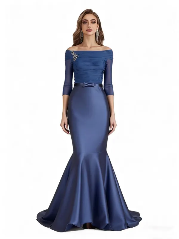 Elegant Off The Shoulder Long Sleeves Satin Mermaid Long Mum Dresses For Wedding sold by ChicSew