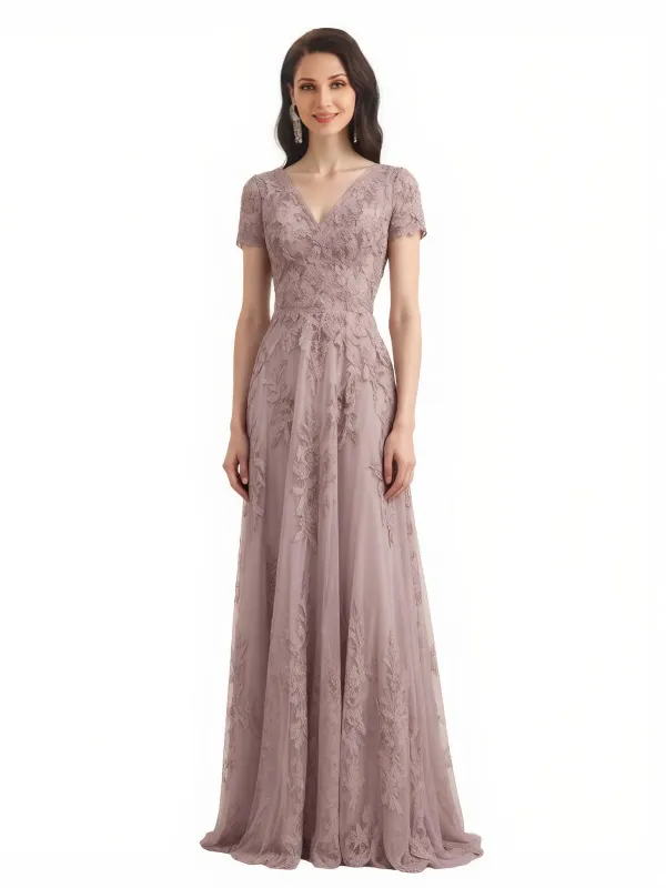 Women's Lace A-Line Short Sleeves Lace Long Mother of The Bride and Groom Dresses sold by ChicSew