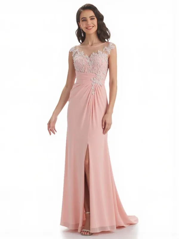 Elegant Chiffon Side Slit A-Line Floor Length Mother Of The Bride Dresses With Applique made by ChicSew