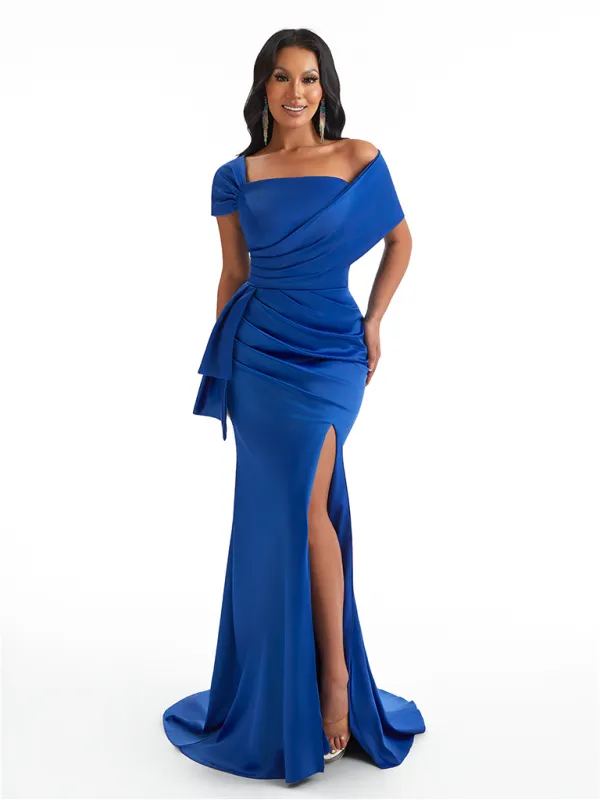 Sexy Asymmetrical Mermaid Pleated Satin Unique Long Bridesmaid Dresses Online With Split sold by ChicSew