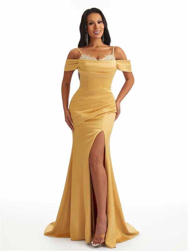 Sexy Cold Shoulder Side Slit Mermaid Lace Satin Unique Long Bridesmaid Dresses sold by ChicSew