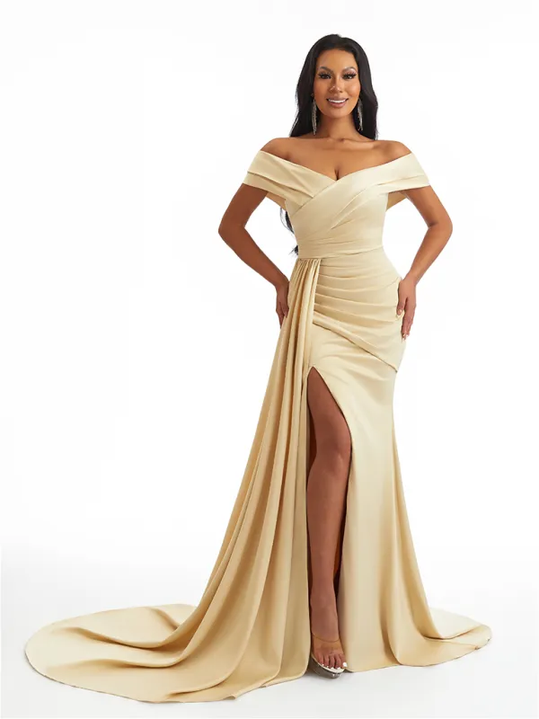 Sexy Off Shoulder V-Neck Side Slit Mermaid Soft Satin Long Bridesmaid Dresses sold by ChicSew