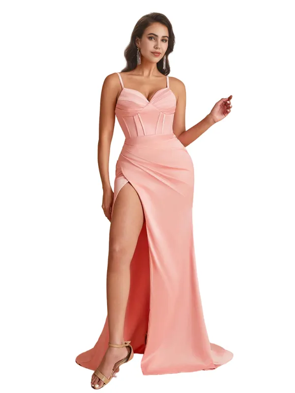 Sexy Spaghetti Straps Mermaid Silky Satin Unique Long Bridesmaid Dresses Side Slit sold by ChicSew