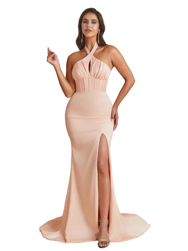 Sexy Halter Mermaid Silky Satin Unique Long Bridesmaid Dresses Online Side Slit sold by ChicSew