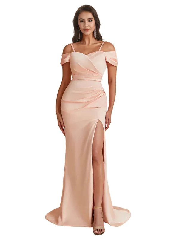 Elegant Cold Shoulder Mermaid Silky Satin Unique Long Bridesmaid Dresses Side Slit sold by ChicSew