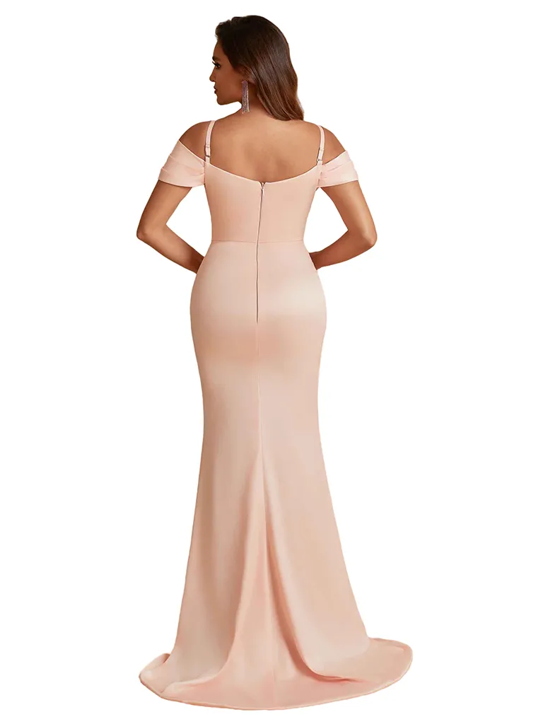 Elegant Cold Shoulder Mermaid Silky Satin Unique Long Bridesmaid Dresses Side Slit sold by ChicSew product image thumbnail 3