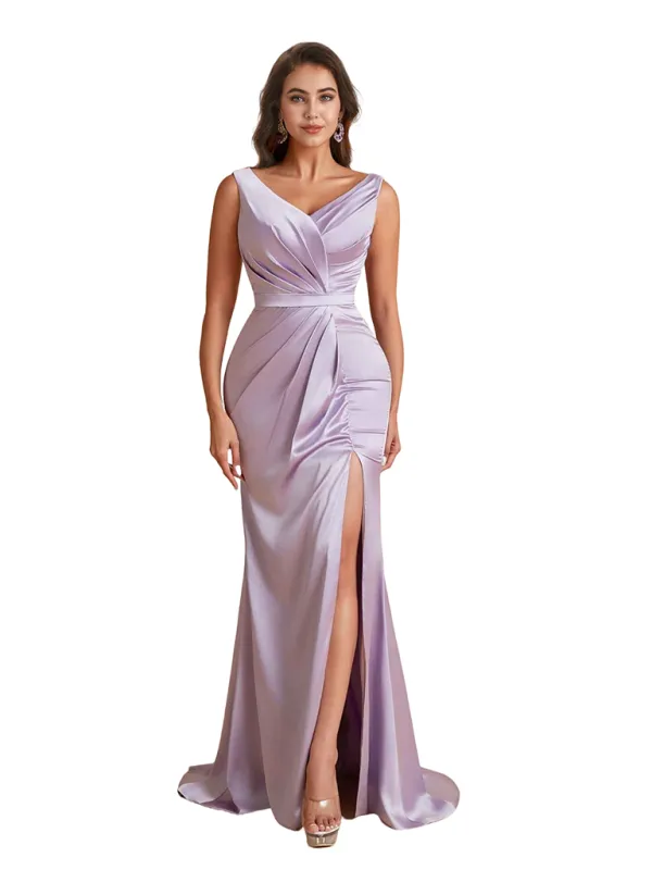 Elegant V-Neck Mermaid Silky Satin Unique Long Bridesmaid Dresses Side Slit sold by ChicSew