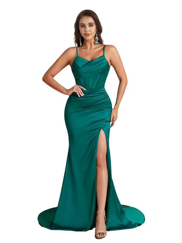 Modern Mermaid Ruched Silky Satin Unique Long Bridesmaid Dresses Slit Spaghetti Straps sold by ChicSew