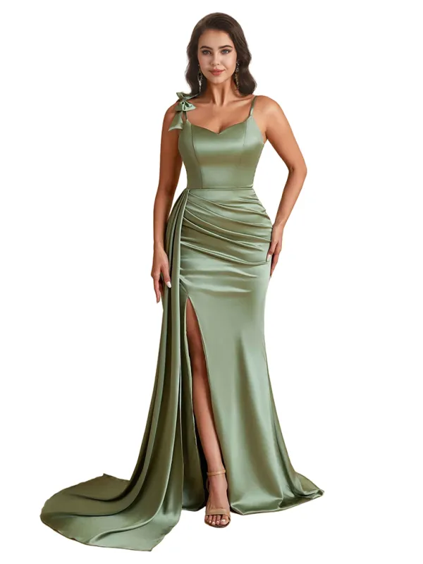 Elegant Mermaid Unique Satin Side Slit Long Bridesmaid Dresses Spaghetti Strap sold by ChicSew