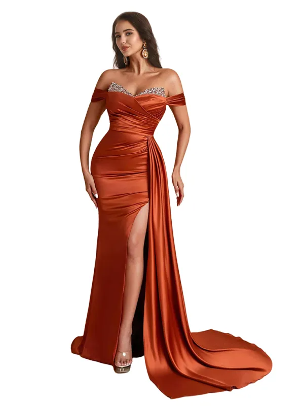 Sexy Off The Shoulder Beaded Mermaid Silky Satin Long Bridesmaid Dresses Side Slit sold by ChicSew
