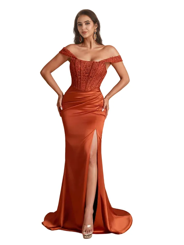 Sexy Satin Off The Shoulder Lace Mermaid Long Bridesmaid Dresses Slit sold by ChicSew