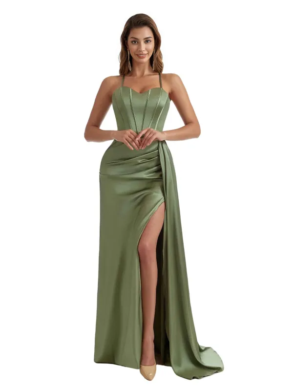 Elegant Silky Satin Side Slit Long Bridesmaid Dresses Online Mermaid Spaghetti Straps sold by ChicSew