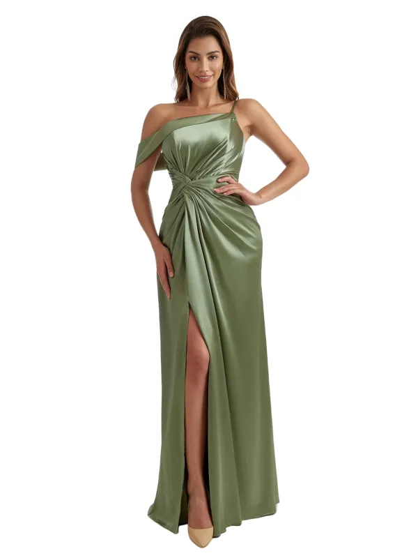 Sexy Asymmetric Mermaid Ruched Satin Nice Long Bridesmaid Dresses Split sold by ChicSew