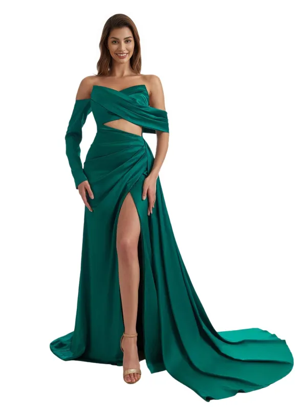Unique Asymmetric Off The Shoulder Mermaid Satin Long Bridesmaid Dresses Online Slit sold by ChicSew