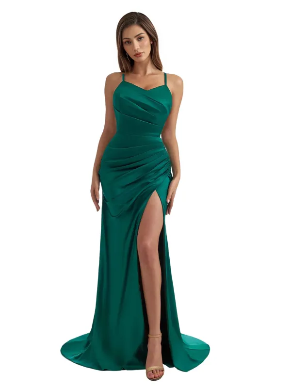 Sexy Mermaid Silky Satin Side Slit Long Bridesmaid Dresses Online Spaghetti Straps sold by ChicSew