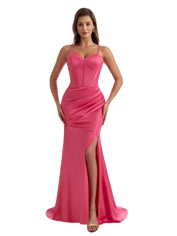 Sexy Spaghetti Straps Boning Mermaid Ruched Satin Long Bridesmaid Dresses Side Split sold by ChicSew