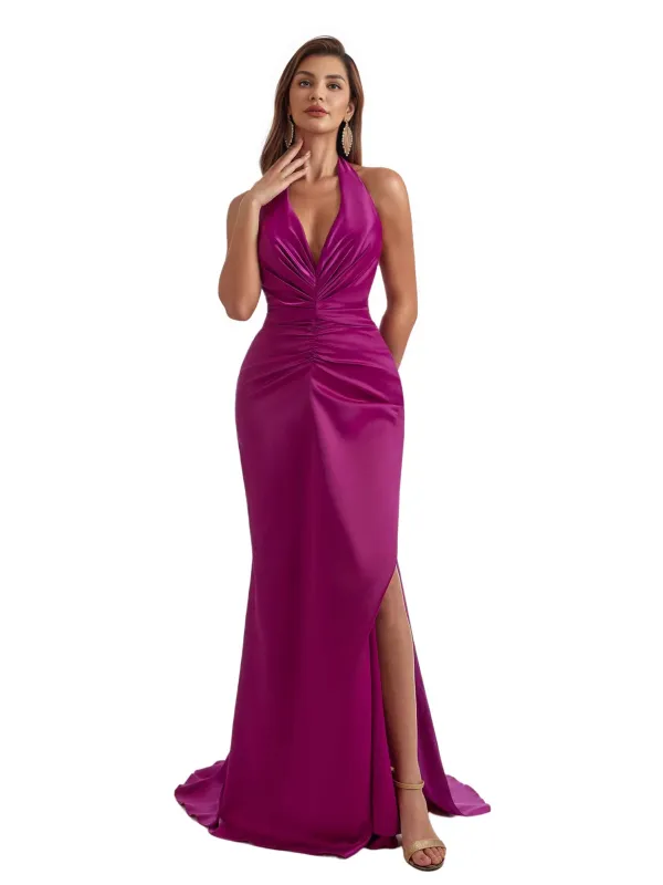 Sexy Halter Mermaid Ruched Satin Modern Long Bridesmaid Dresses V-neck Side Split sold by ChicSew
