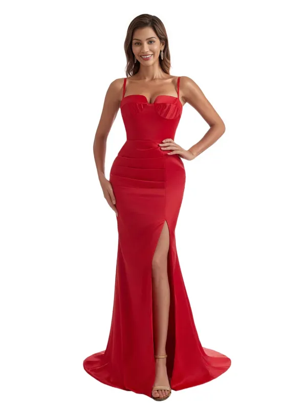 Modern Spaghetti Straps Side Split Mermaid Silky Satin Long Bridesmaid Dresses Online sold by ChicSew