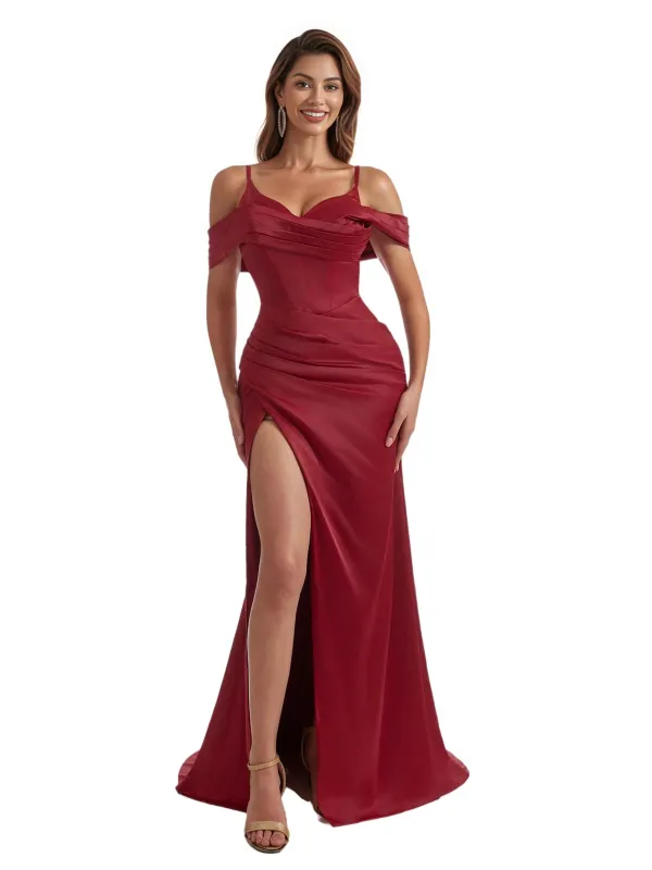 Gorgeous Cold Shoulder Mermaid Pleated Silky Satin Side Slit Long Bridesmaid Dresses sold by ChicSew