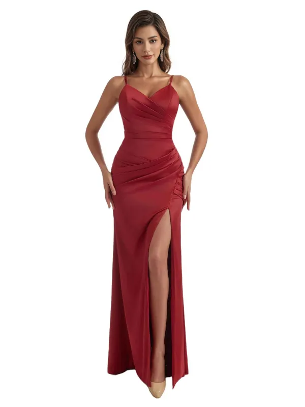 Elegant Mermaid Ruched Satin Long Bridesmaid Dresses Side Split Spaghetti Straps sold by ChicSew