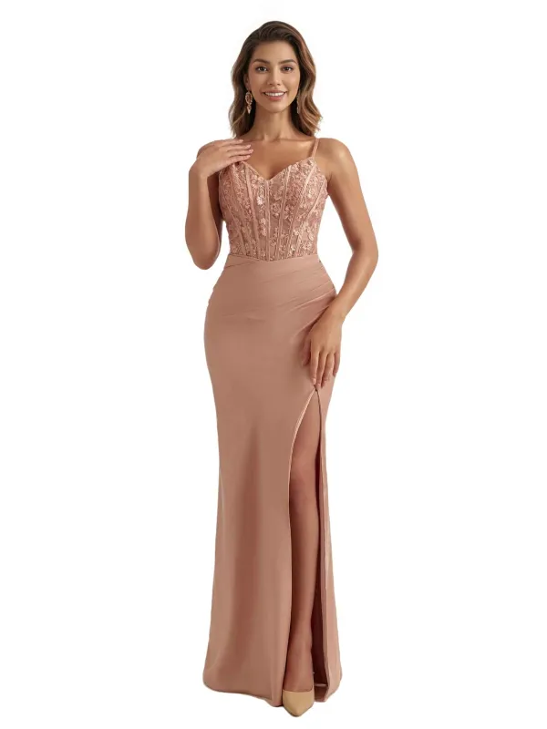 Elegant Mermaid Lace Applique Side Slit Satin Long Bridesmaid Dresses Spaghetti Straps sold by ChicSew