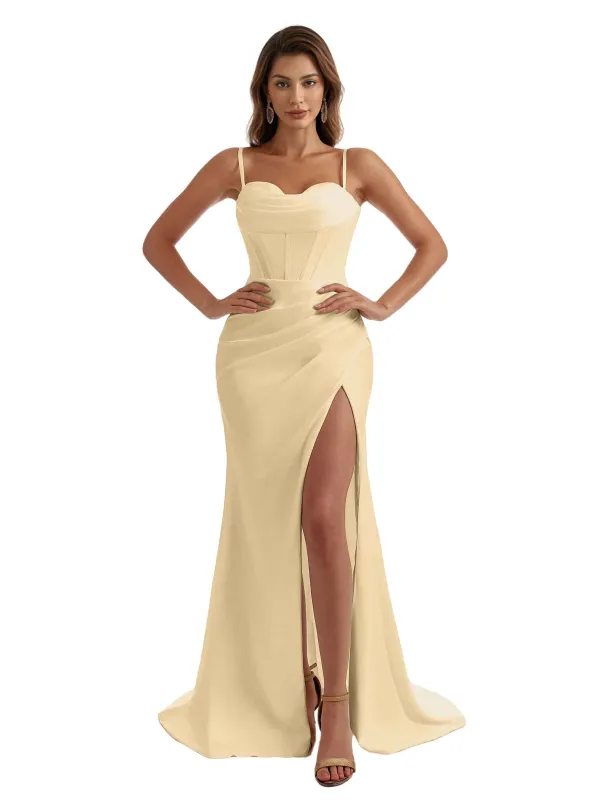 Sexy Sweetheart Mermaid Silky Satin Long Bridesmaid Dresses Slit Spaghetti Straps sold by ChicSew