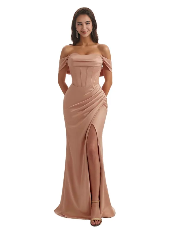 Sexy Side Split Off The Shoulder Mermaid Silky Satin Bridesmaid Dresses Online sold by ChicSew