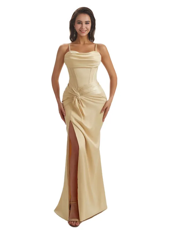 Elegant Mermaid Ruched Silky Satin Long Bridesmaid Dresses Slit Spaghetti Straps sold by ChicSew